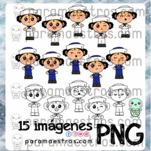 Niña Marinera - 15 imágenes en PNG-   5 expresiones diferentes-   2 colores + versión para colorear
