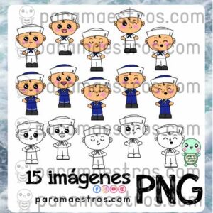 Niño Marinero - 15 imágenes en PNG-   5 expresiones diferentes-   2 colores + versión para colorear