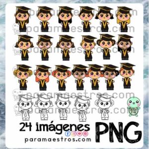 Graduados – 24 imágenes en PNG- 19 a color + 5 versión para colorear