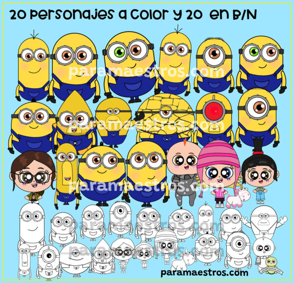 Personajes M1n10ns en color y B/N 🍌👀🔧